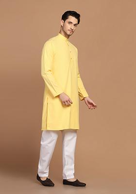 Yellow Solid Cotton Blend Kurta Set For Men