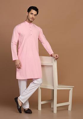 Pink Solid Cotton Blend Kurta Set For Men