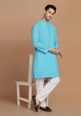 Blue Solid Cotton Blend Kurta Set For Men