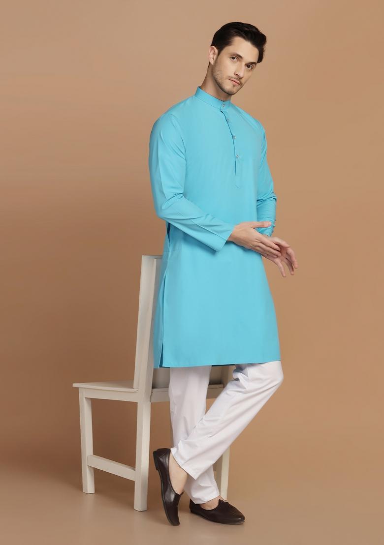 Blue Solid Cotton Blend Kurta Set For Men