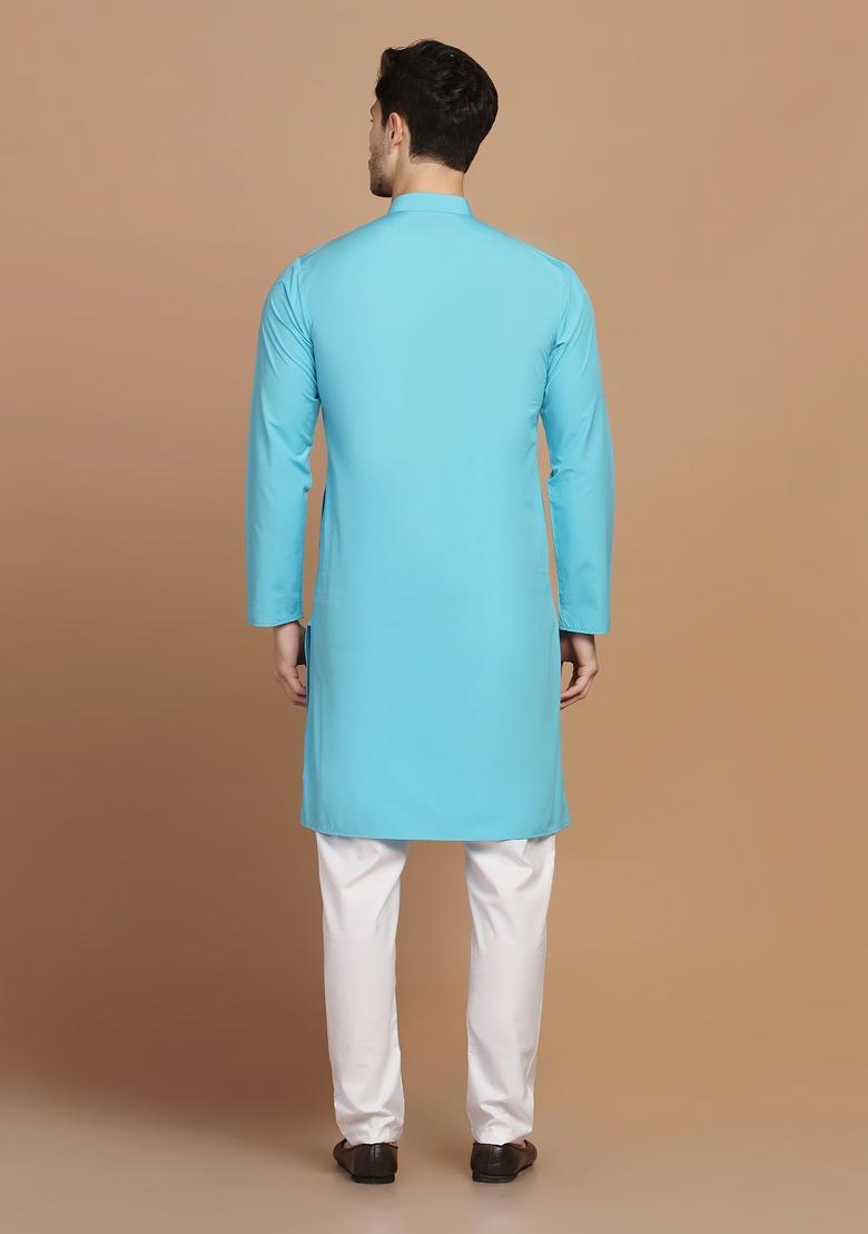 Blue Solid Cotton Blend Kurta Set For Men
