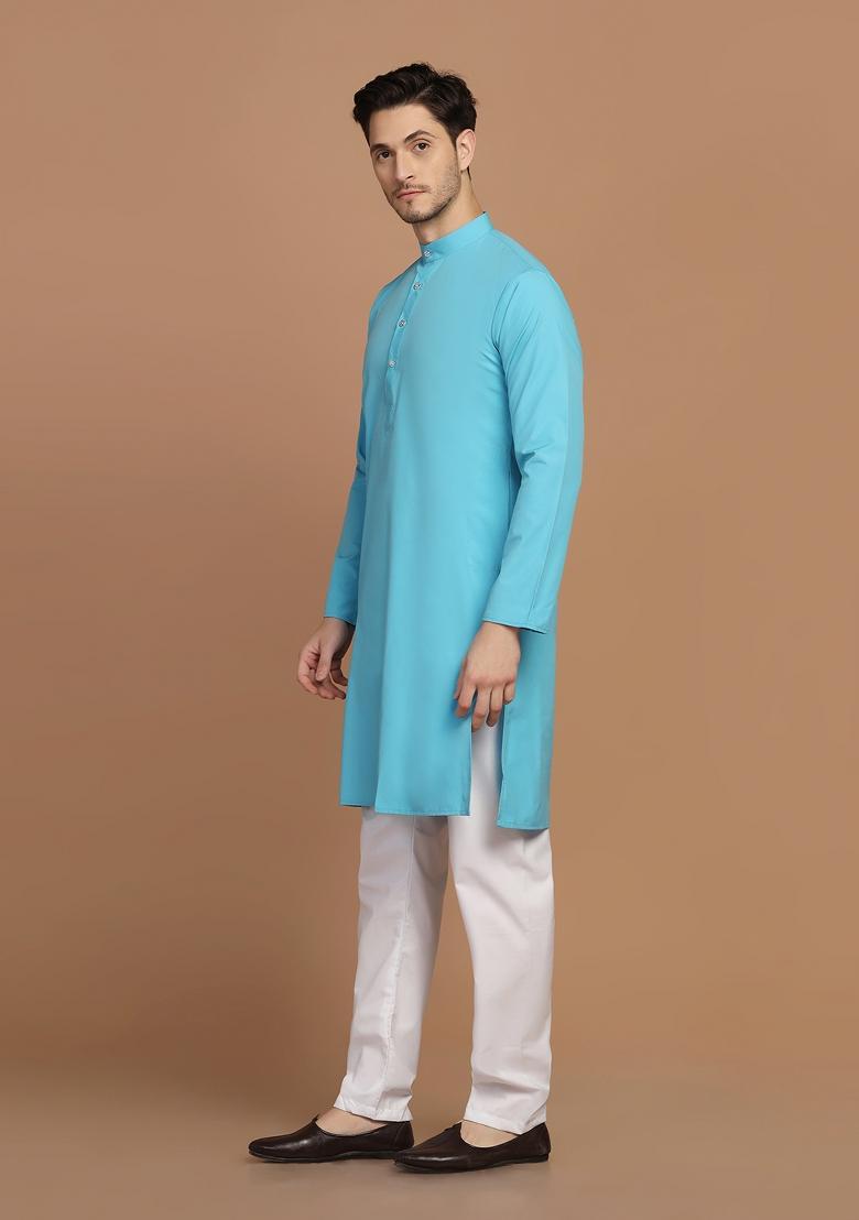 Blue Solid Cotton Blend Kurta Set For Men