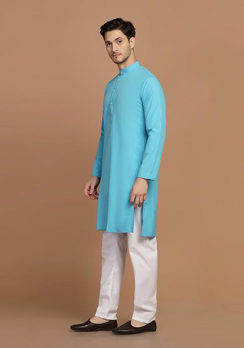 Blue Solid Cotton Blend Kurta Set For Men