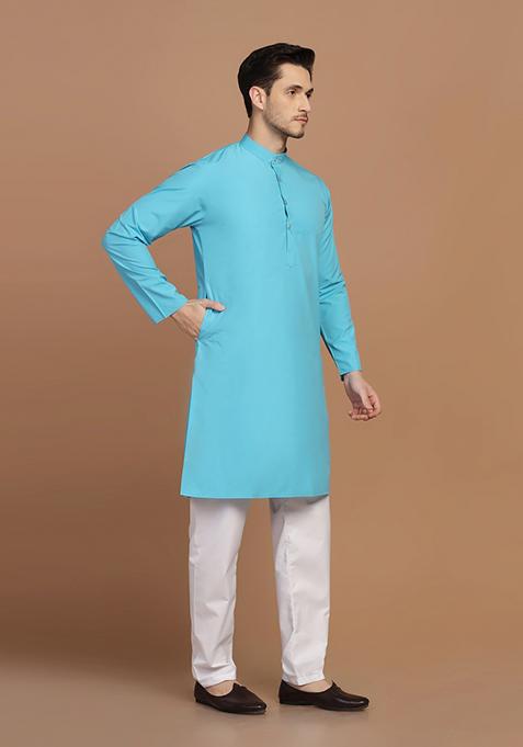 Blue Solid Cotton Blend Kurta Set For Men