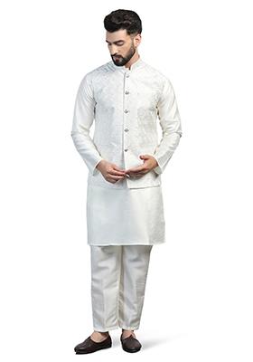 White Embellished Dupion Silk Nehru Jacket Set For Men