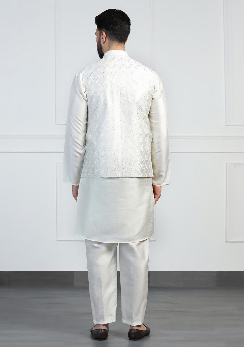 White Embellished Dupion Silk Nehru Jacket Set For Men