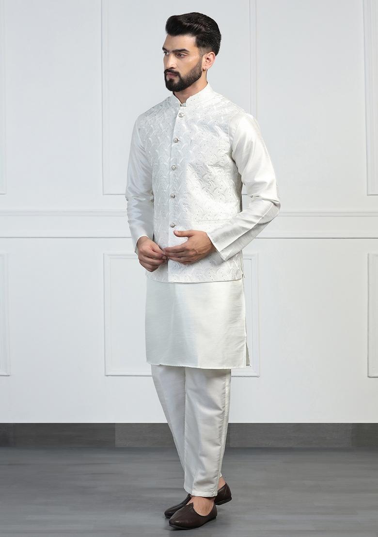 White Embellished Dupion Silk Nehru Jacket Set For Men