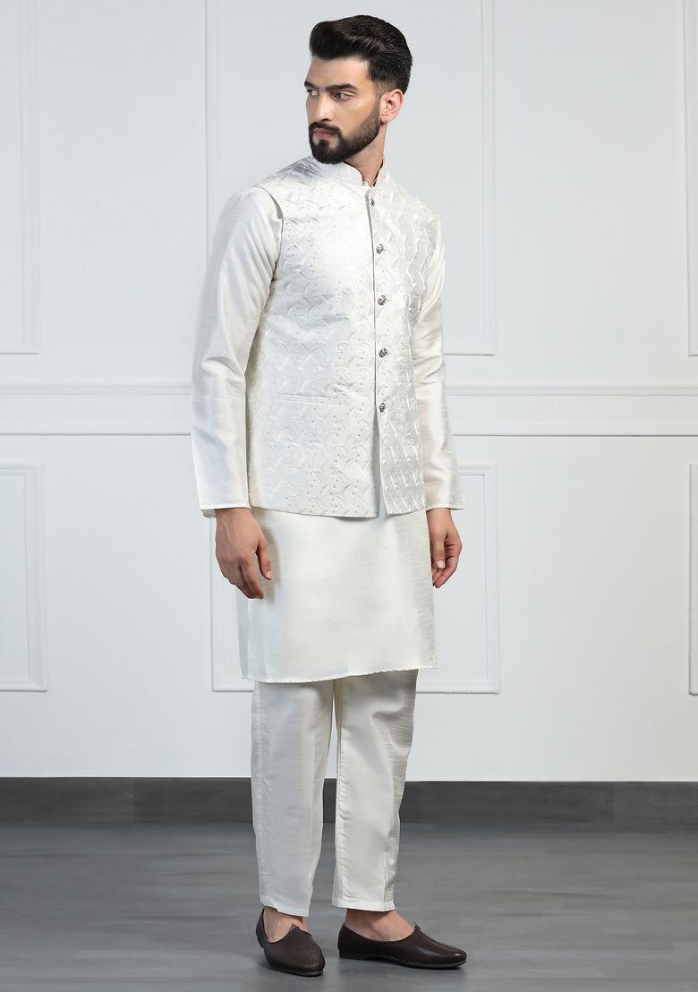 White Embellished Dupion Silk Nehru Jacket Set For Men