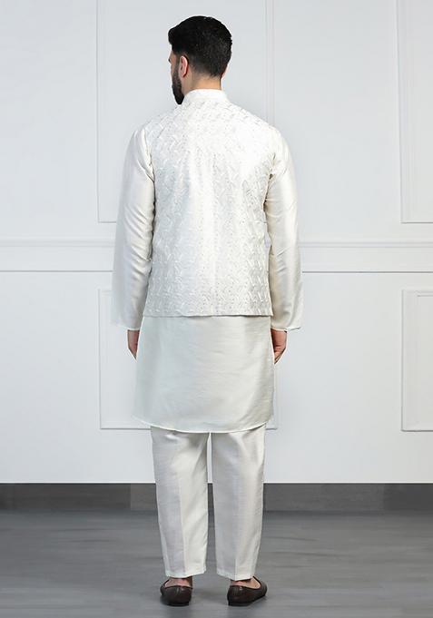 White Embellished Dupion Silk Nehru Jacket Set For Men