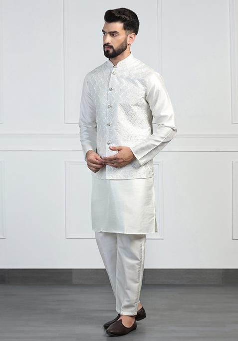 White Embellished Dupion Silk Nehru Jacket Set For Men