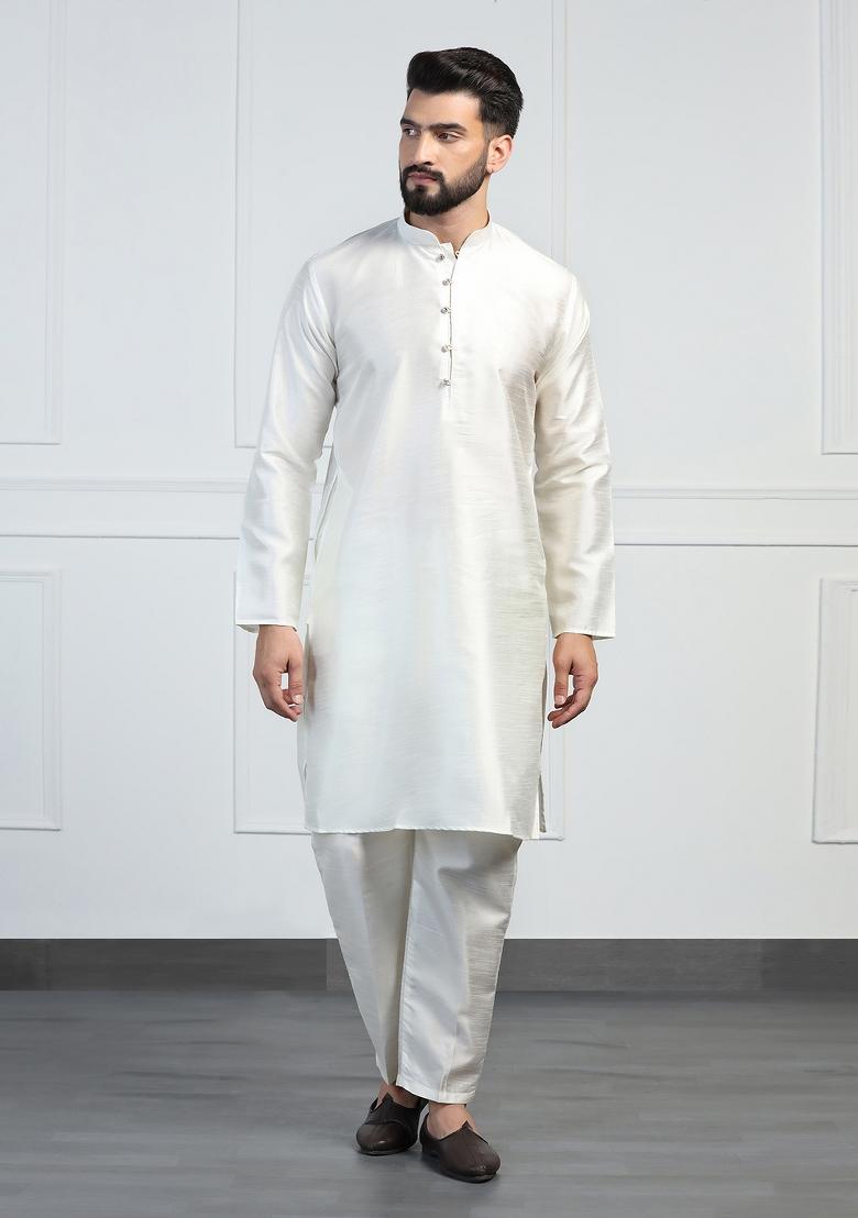 White Embellished Dupion Silk Nehru Jacket Set For Men
