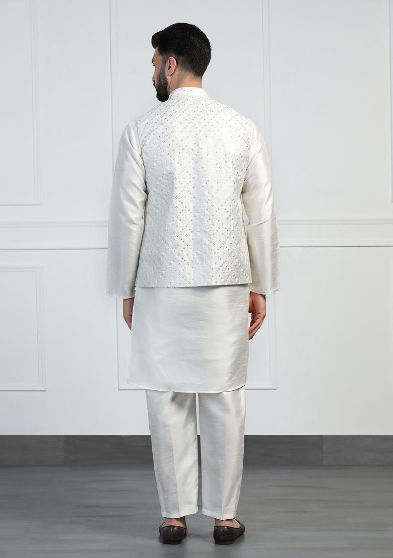 White Embellished Dupion Silk Nehru Jacket Set For Men