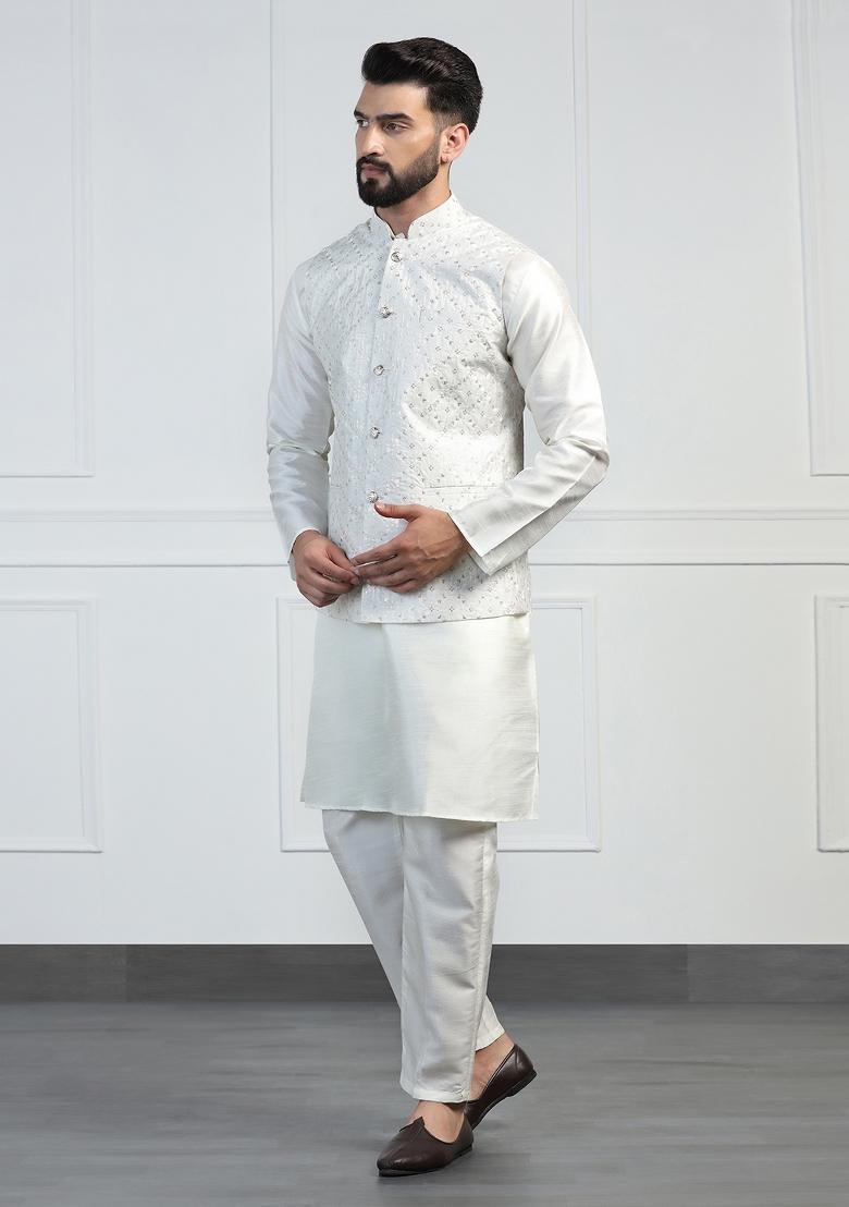 White Embellished Dupion Silk Nehru Jacket Set For Men