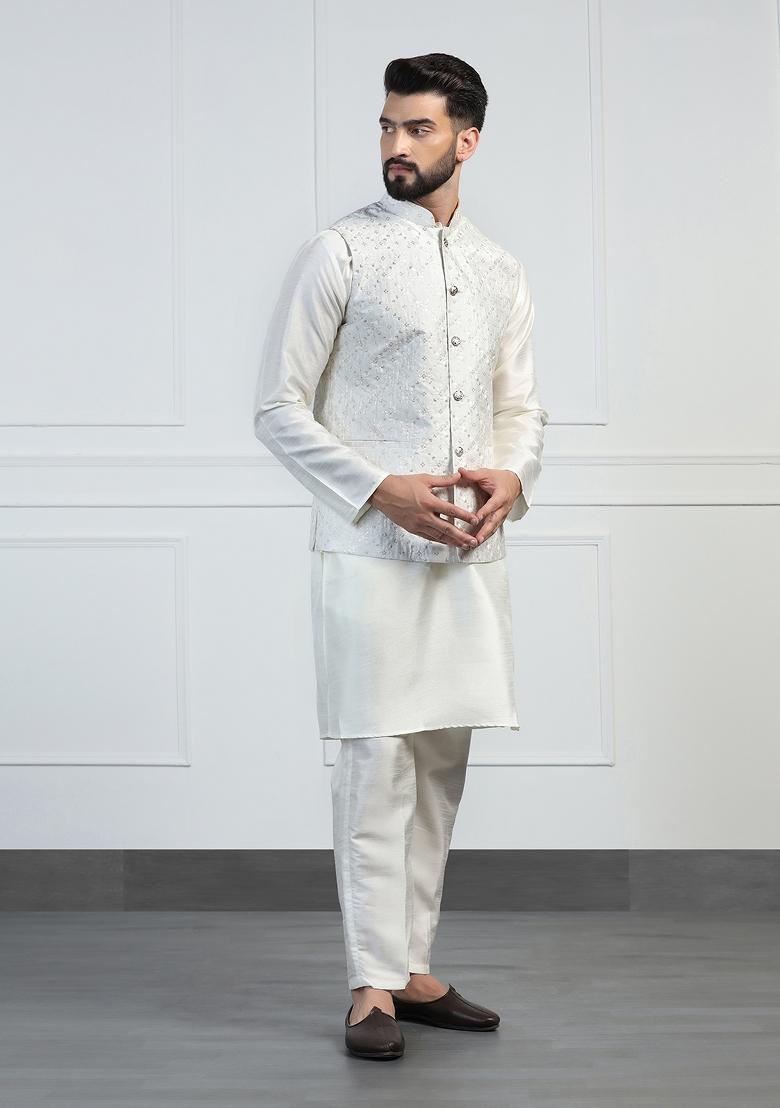 White Embellished Dupion Silk Nehru Jacket Set For Men