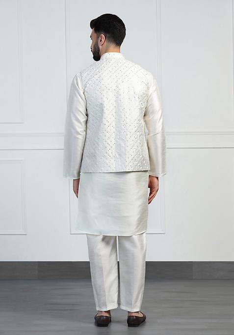 White Embellished Dupion Silk Nehru Jacket Set For Men