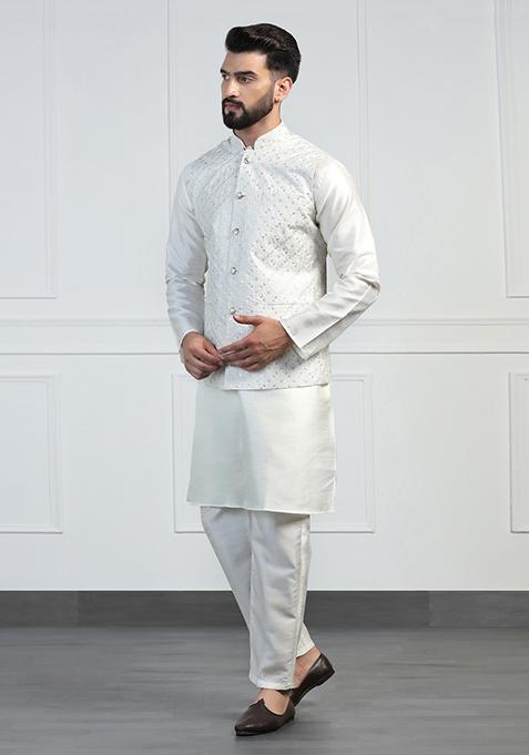 White Embellished Dupion Silk Nehru Jacket Set For Men