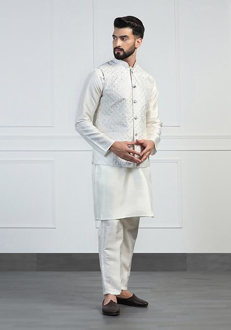 White Embellished Dupion Silk Nehru Jacket Set For Men