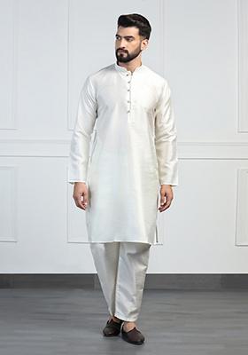 White Embellished Dupion Silk Nehru Jacket Set For Men