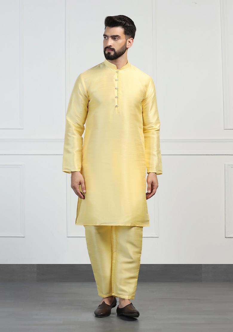 Yellow Embellished Dupion Silk Nehru Jacket Set For Men