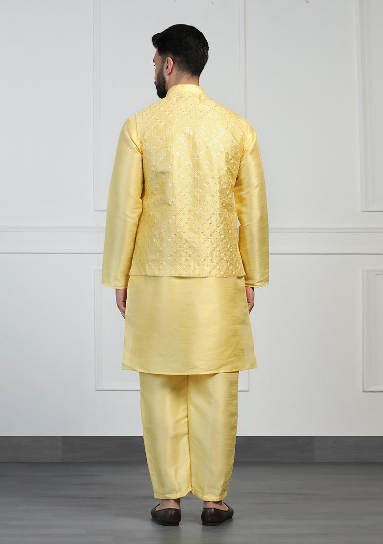 Yellow Embellished Dupion Silk Nehru Jacket Set For Men