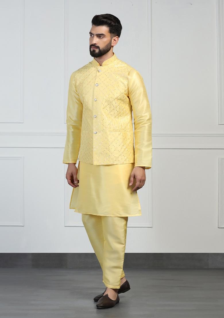 Yellow Embellished Dupion Silk Nehru Jacket Set For Men