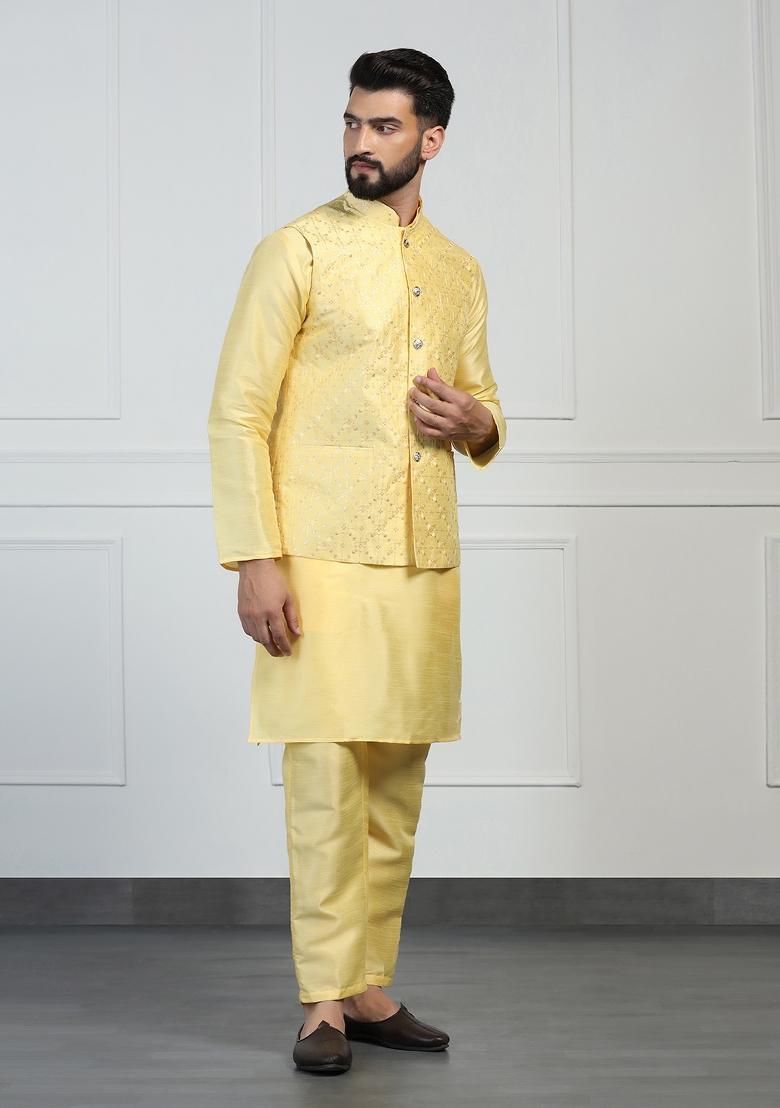 Yellow Embellished Dupion Silk Nehru Jacket Set For Men