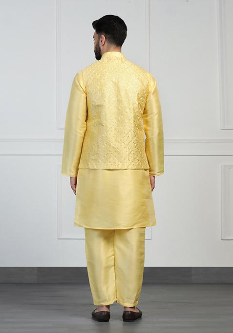 Yellow Embellished Dupion Silk Nehru Jacket Set For Men