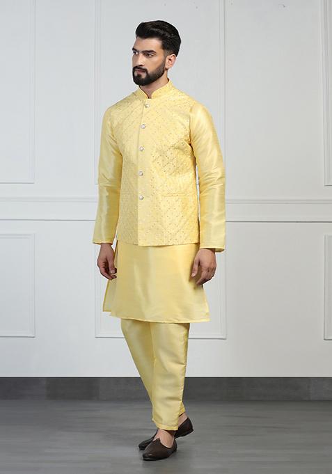 Yellow Embellished Dupion Silk Nehru Jacket Set For Men