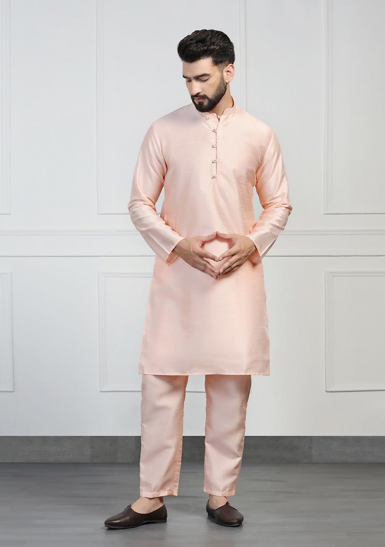 Peach Embellished Dupion Silk Nehru Jacket Set For Men