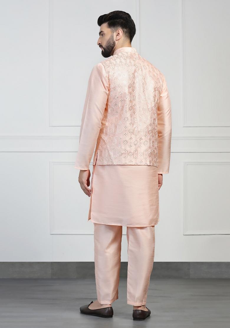 Peach Embellished Dupion Silk Nehru Jacket Set For Men