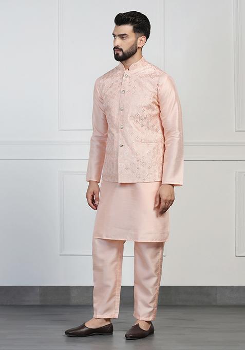 Peach Embellished Dupion Silk Nehru Jacket Set For Men