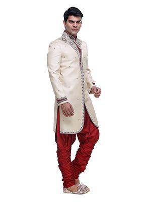 Fawn Orange Solid Brocade Indo Western Sherwani Set For Men