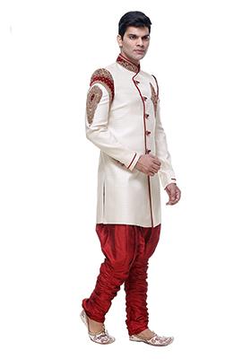 Cream Solid Brocade Indo Western Sherwani Set For Men