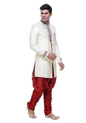 Cream Solid Brocade Indo Western Sherwani Set For Men