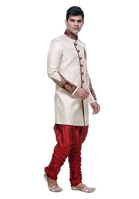 Cream Solid Brocade Indo Western Sherwani Set For Men