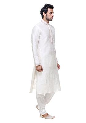 Off White Solid Art Silk Kurta Set For Men
