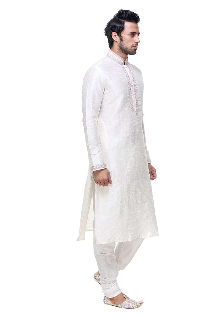 Off White Solid Art Silk Blend Kurta Set For Men - Indya