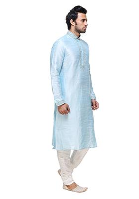 Sky Blue Solid Art Silk Kurta Set For Men