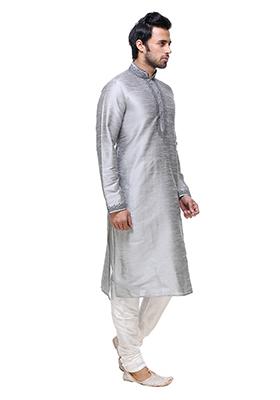 Grey Solid Art Silk Kurta Set For Men