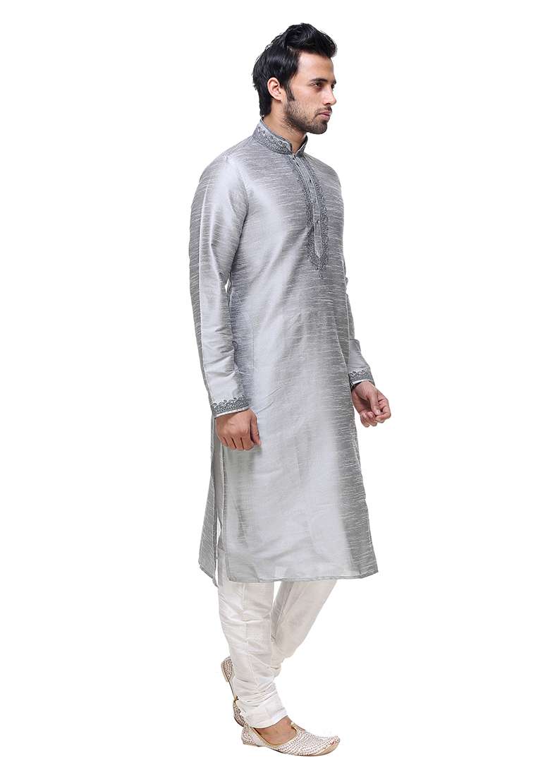 Grey Solid Art Silk Blend Kurta Set For Men - Indya