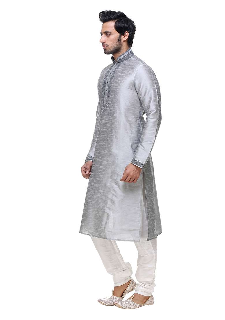 Grey Solid Art Silk Blend Kurta Set For Men - Indya