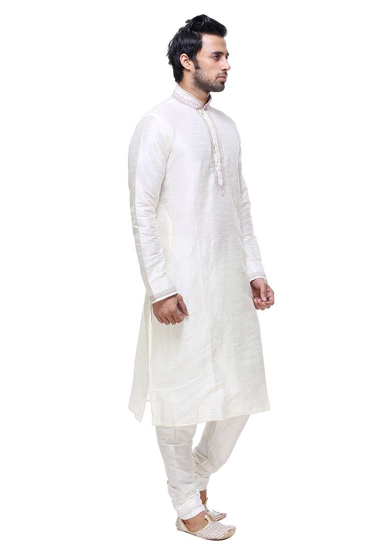 Cream Solid Art Silk Blend Kurta Set For Men - Indya