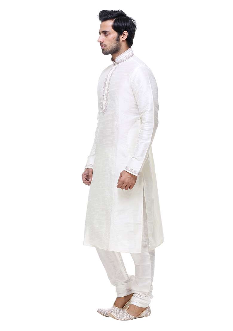 Cream Solid Art Silk Blend Kurta Set For Men - Indya