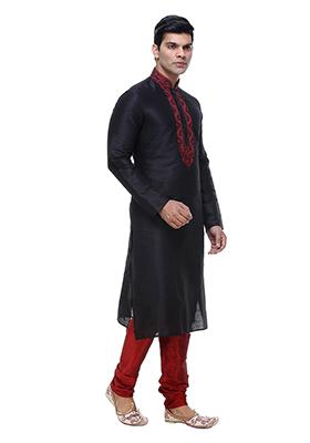 Black Solid Art Silk Kurta Set For Men