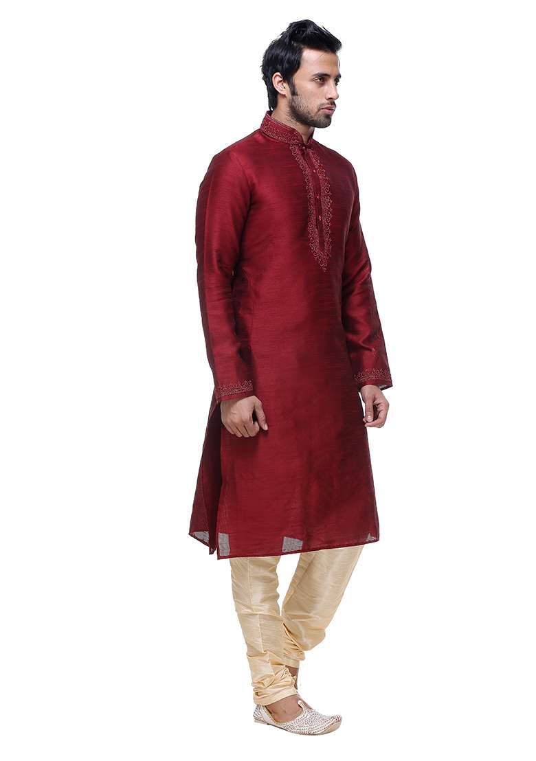 Maroon Solid Art Silk Blend Kurta Set For Men - Indya