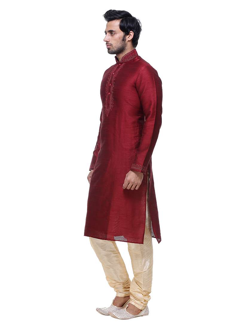 Maroon Solid Art Silk Blend Kurta Set For Men - Indya