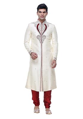 Cream Solid Brocade Indo Western Sherwani Set For Men