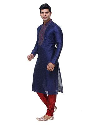 Blue Solid Art Silk Kurta Set For Men