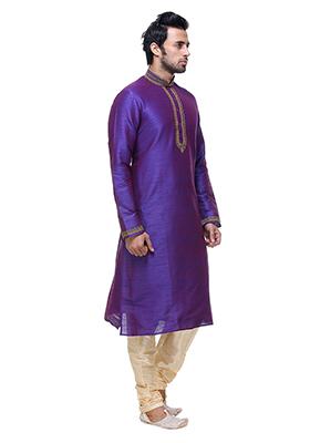 Purple Solid Art Silk Kurta Set For Men