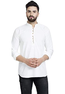 Off White Solid Art Silk Short Kurta For Men